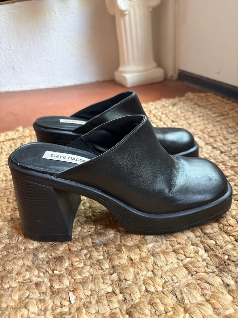 Steve Madden Flirtie Square Toe Leather Platform Mule Heels 90s minimalist